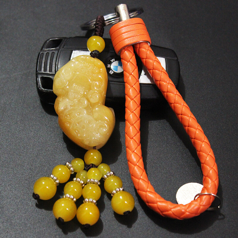 點(diǎn)繽 大眾高檔瑪瑙玉貔貅汽車(chē)鑰匙扣掛件創(chuàng)意男女士腰掛新帕薩特邁騰朗逸凌度途觀桑塔納速騰寶來(lái) 黃玉石霸王貔貅+皮革編織繩